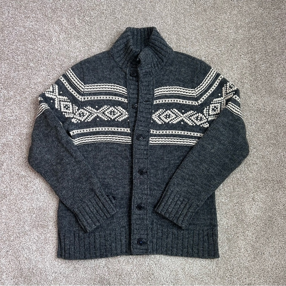 AMERICAN EAGLE Cardigan Sweater Gray White Sherpa Cotton Wool Blend Size L Ski